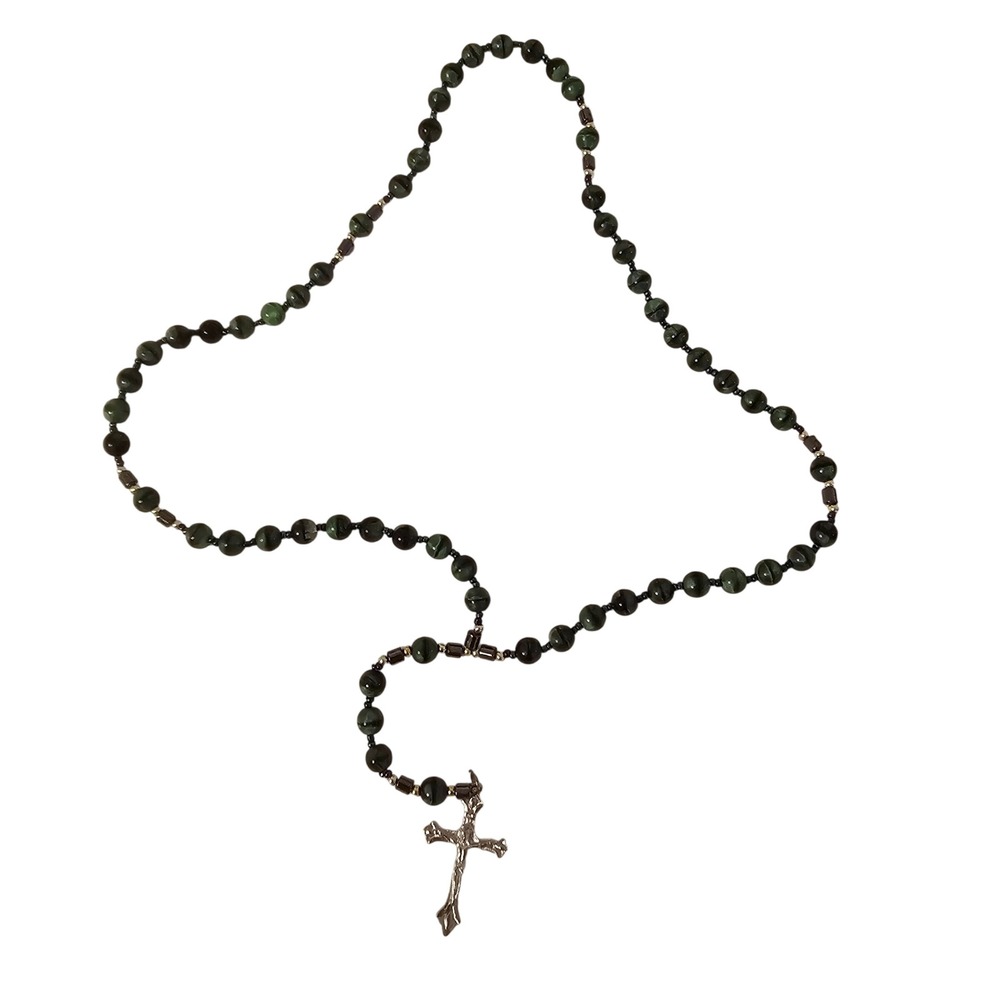 Green Beaded Rosary‎ Necklace Silver Tone Cross Religious Catholic Prayer